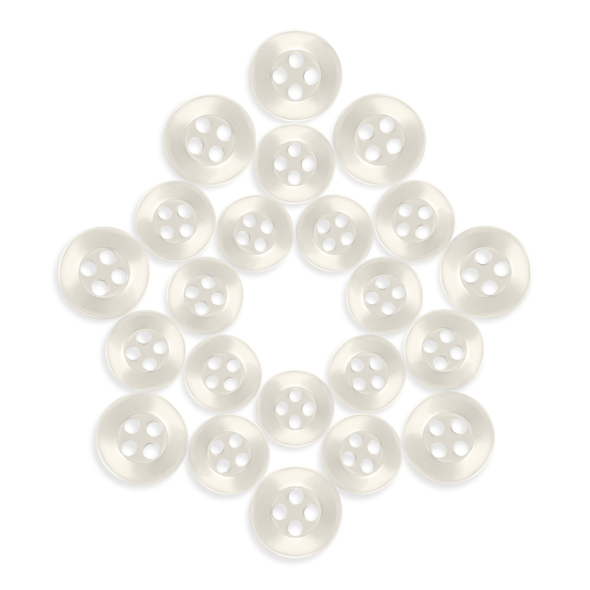Nineteen Replacement Shirt Buttons, known for durability, displayed in a five-pointed star shape on a white background.