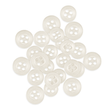 A pile of small, round, white Replacement Shirt Buttons from a tailor’s kit is scattered on a white background.