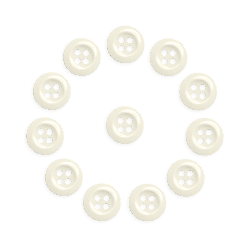Twelve cream-colored Work Shirt Buttons from the 12 Pack, military spec, arranged in a circle with one in the center on a white background.