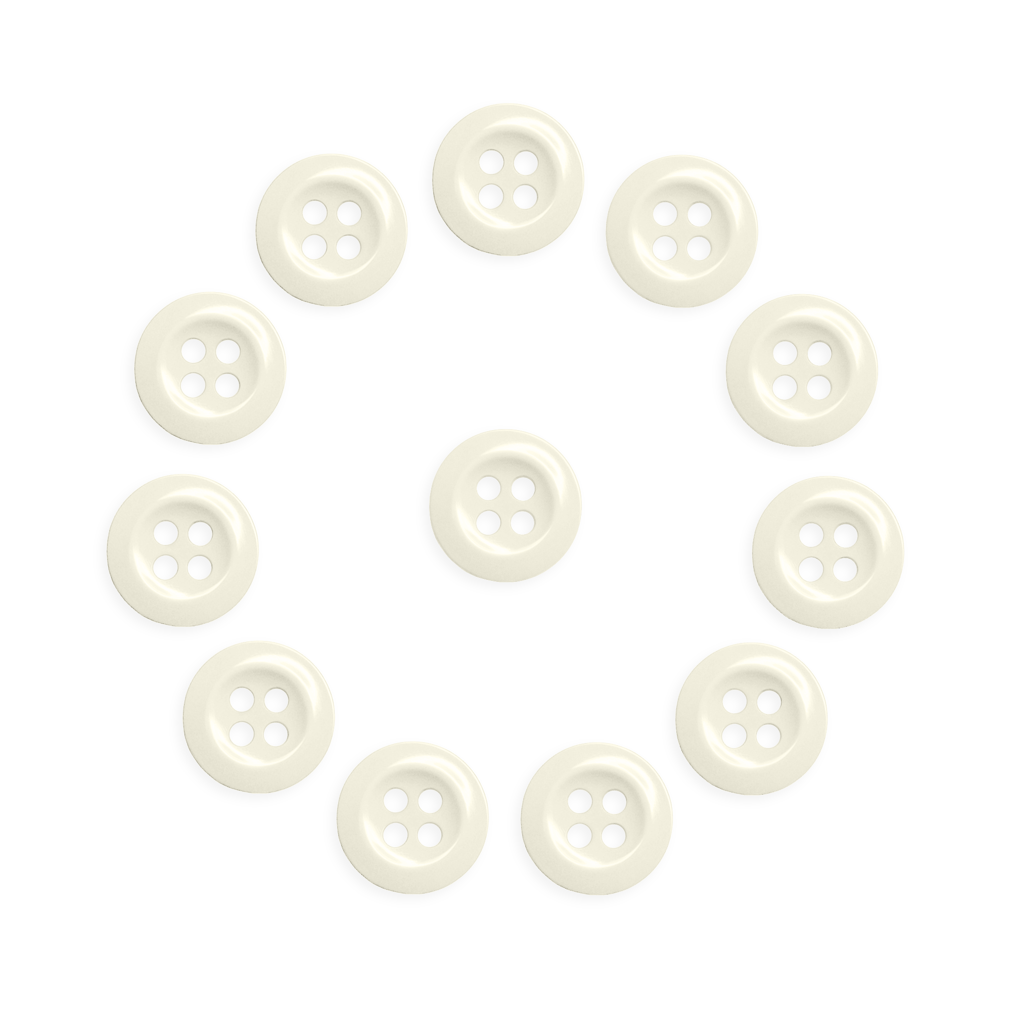 Twelve cream-colored Work Shirt Buttons from the 12 Pack, military spec, arranged in a circle with one in the center on a white background.