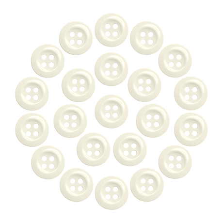 Twenty-two Work Shirt Buttons in cream color are arranged in a circular pattern on a white background.