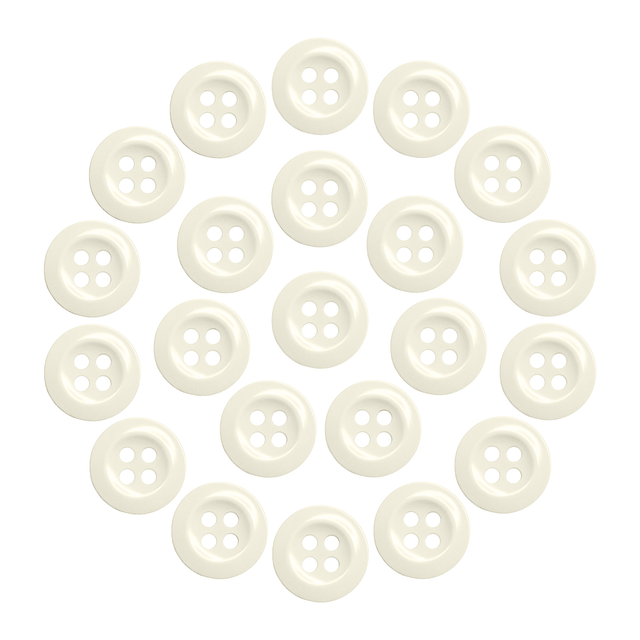 Twenty-two Work Shirt Buttons in cream color are arranged in a circular pattern on a white background.