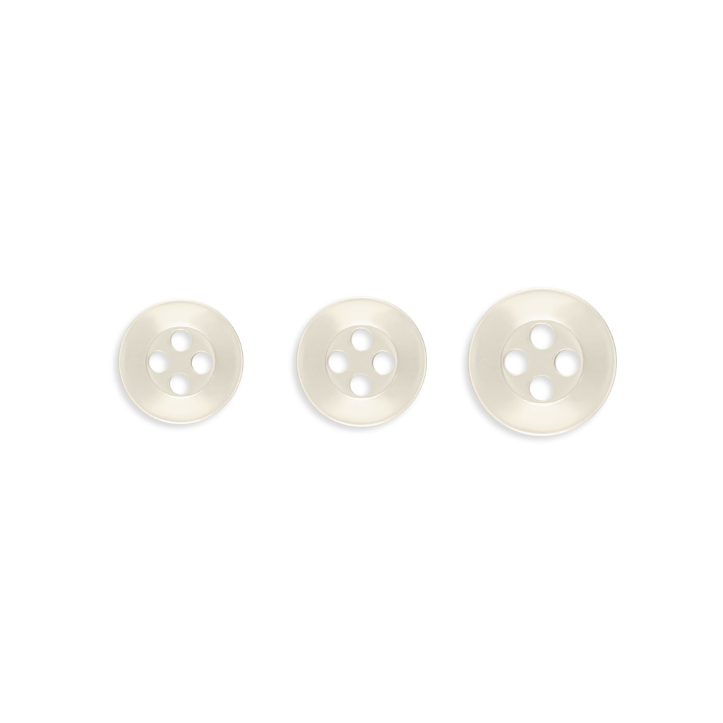 Three Replacement Shirt Buttons—white, four-hole poly-nylon in assorted sizes—are arranged in a row on a white background, ideal for any tailor’s button kit.