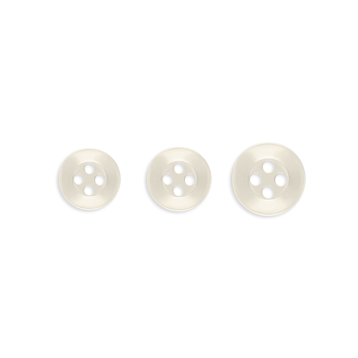 Three Replacement Shirt Buttons—white, four-hole poly-nylon in assorted sizes—are arranged in a row on a white background, ideal for any tailor’s button kit.