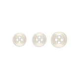 Three Replacement Shirt Buttons—white, four-hole poly-nylon in assorted sizes—are arranged in a row on a white background, ideal for any tailor’s button kit.