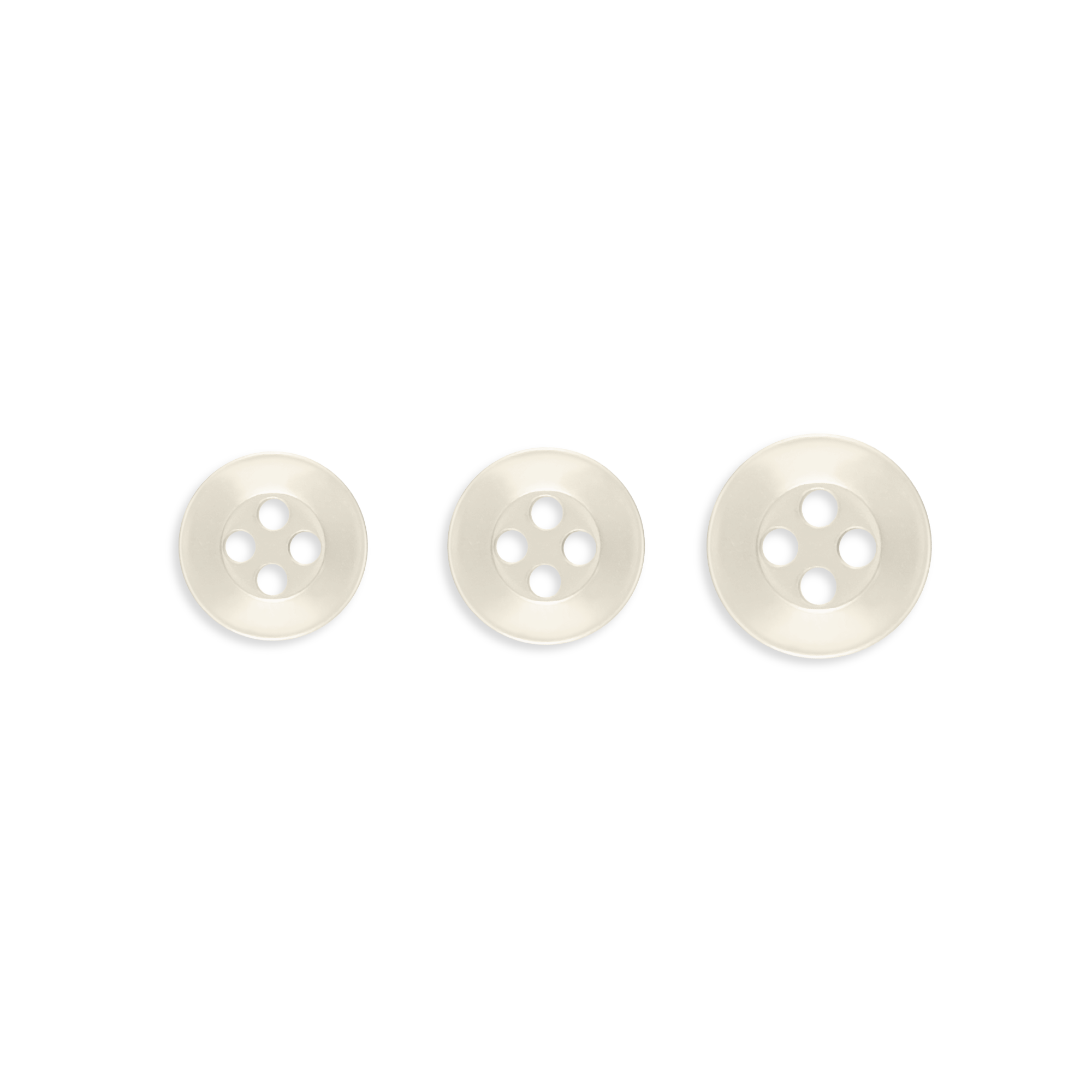 Three Replacement Shirt Buttons—white, four-hole poly-nylon in assorted sizes—are arranged in a row on a white background, ideal for any tailor’s button kit.