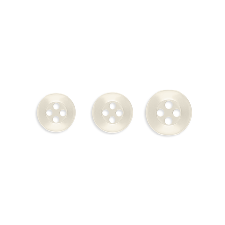 Three Replacement Shirt Buttons—white, four-hole poly-nylon in assorted sizes—are arranged in a row on a white background, ideal for any tailor’s button kit.