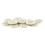 Ten white, round Suspender Brace Pant Buttons with four holes are arranged in a pile on a white background.