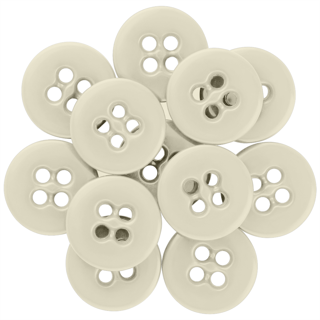 Eleven Suspender Brace Pant Buttons, beige with four holes, are arranged in a circular, overlapping cluster.
