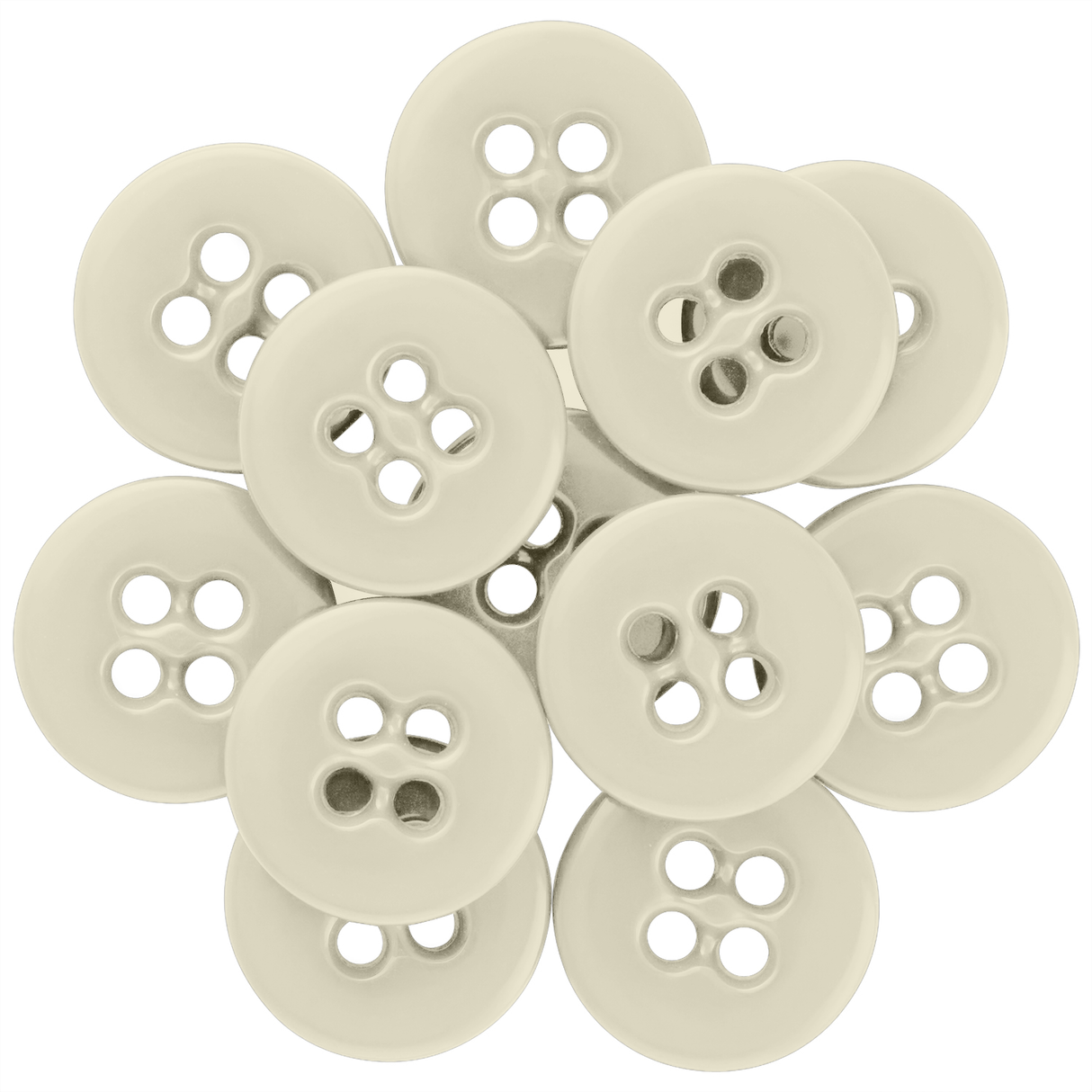 Eleven Suspender Brace Pant Buttons, beige with four holes, are arranged in a circular, overlapping cluster.