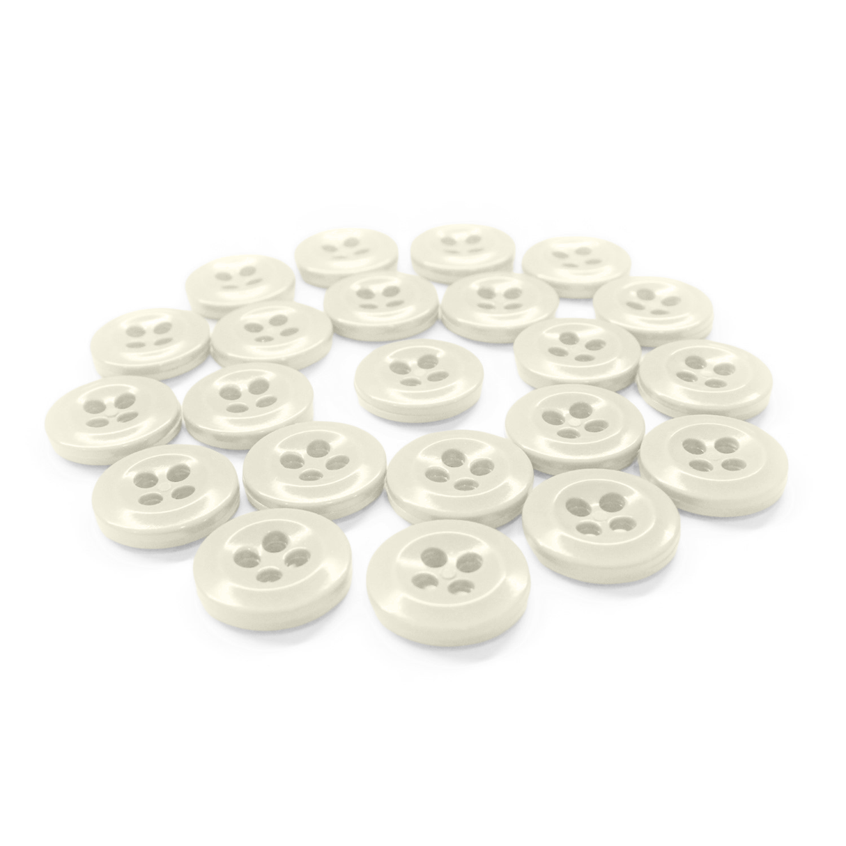 A set of Work Shirt Buttons, white and four-holed with military specs, displayed in a curved arrangement on a white background.