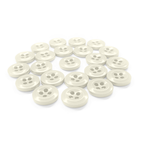 A set of Work Shirt Buttons, white and four-holed with military specs, displayed in a curved arrangement on a white background.