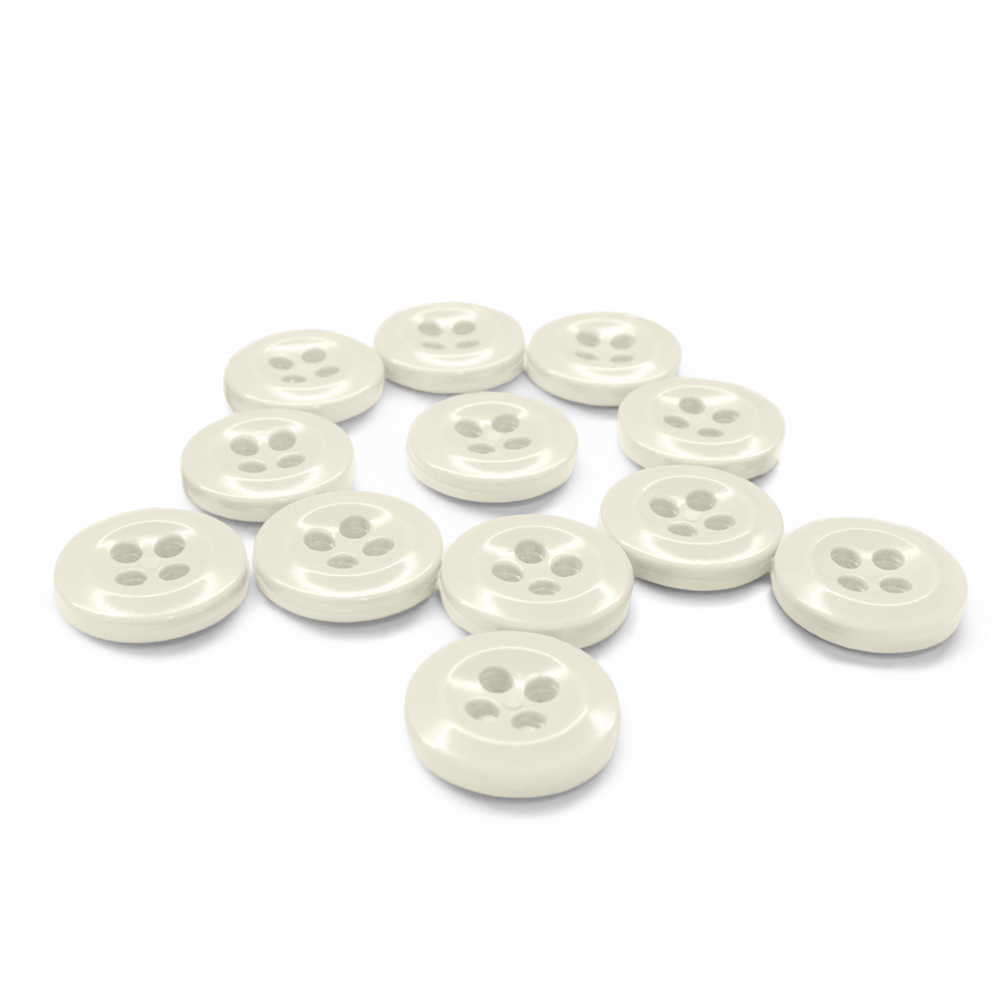 The Work Shirt Buttons 12 Pack features twelve white, four-hole buttons arranged in a scattered pattern on a white background.