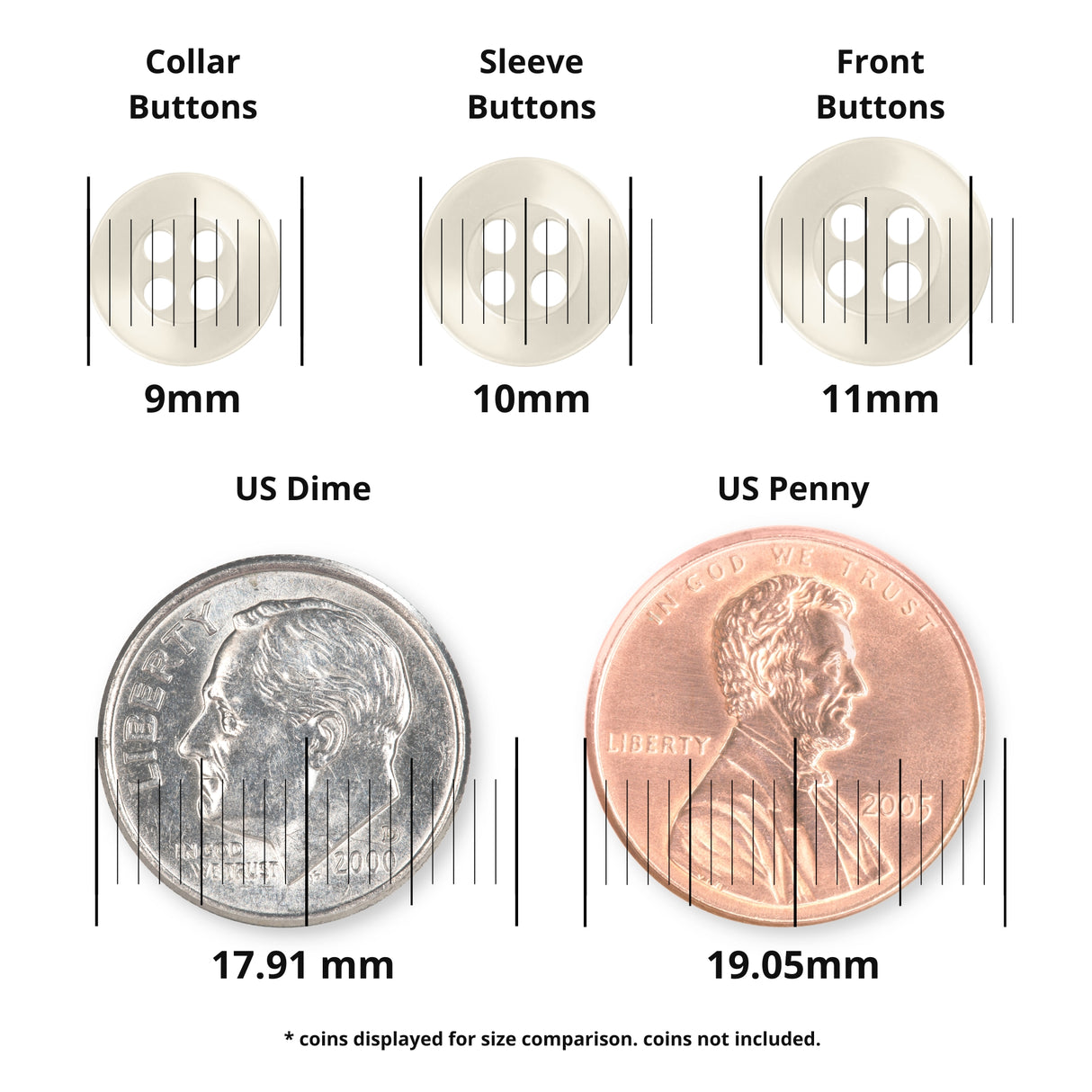 Three durable Replacement Shirt Buttons and two coins (dime, penny) are displayed with labeled diameters for size comparison—perfect for choosing poly-nylon buttons for your tailor’s repair kit.