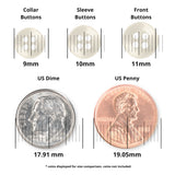 Three durable Replacement Shirt Buttons and two coins (dime, penny) are displayed with labeled diameters for size comparison—perfect for choosing poly-nylon buttons for your tailor’s repair kit.