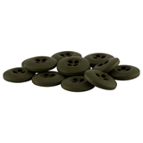 A pile of dark green Tactical Buttons with four holes is scattered on a white background.