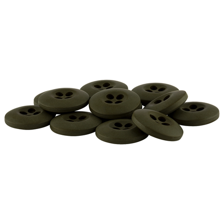 A pile of dark green Tactical Buttons with four holes is scattered on a white background.