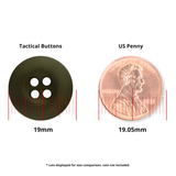 A Tactical Buttons fastener (19mm) is shown next to a 19.05mm US penny for size comparison, with red measurement lines.
