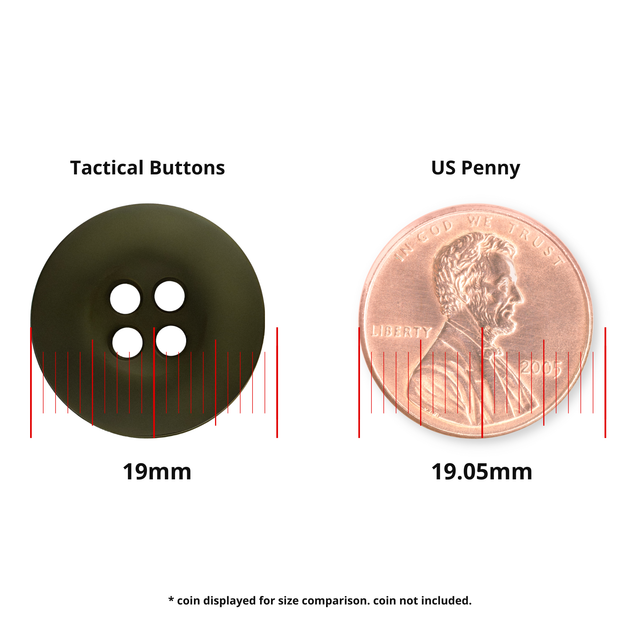 A Tactical Buttons fastener (19mm) is shown next to a 19.05mm US penny for size comparison, with red measurement lines.