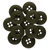 A pile of dark green, round Tactical Buttons with four holes each, made of melamine and arranged overlapping one another.