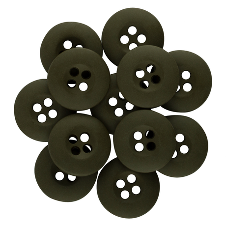 A pile of dark green, round Tactical Buttons with four holes each, made of melamine and arranged overlapping one another.