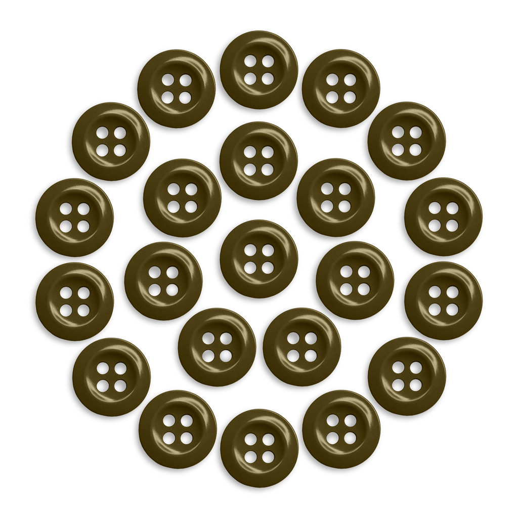 Twenty-two durable, dark brown Work Shirt Buttons are arranged in a neat circle on a white background.