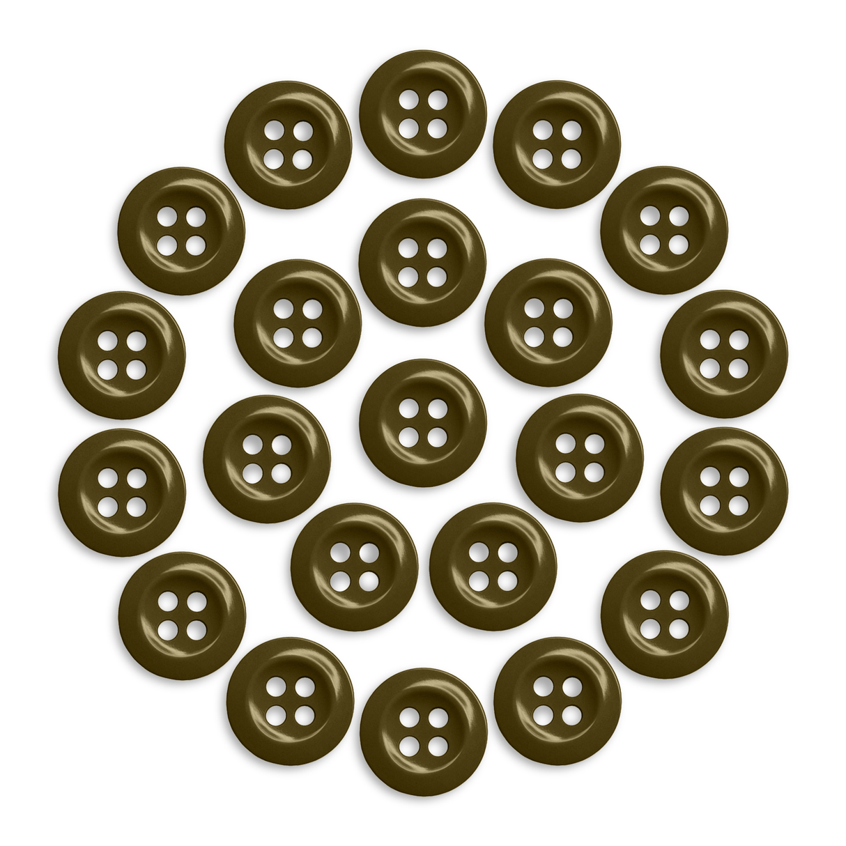 A set of 23 brown Work Shirt Buttons arranged in a circle on a white background.
