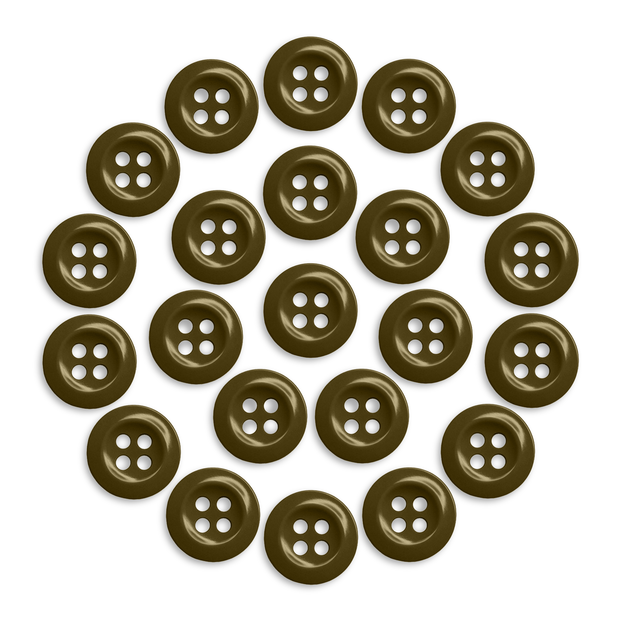 Twenty-two durable, dark brown Work Shirt Buttons are arranged in a neat circle on a white background.