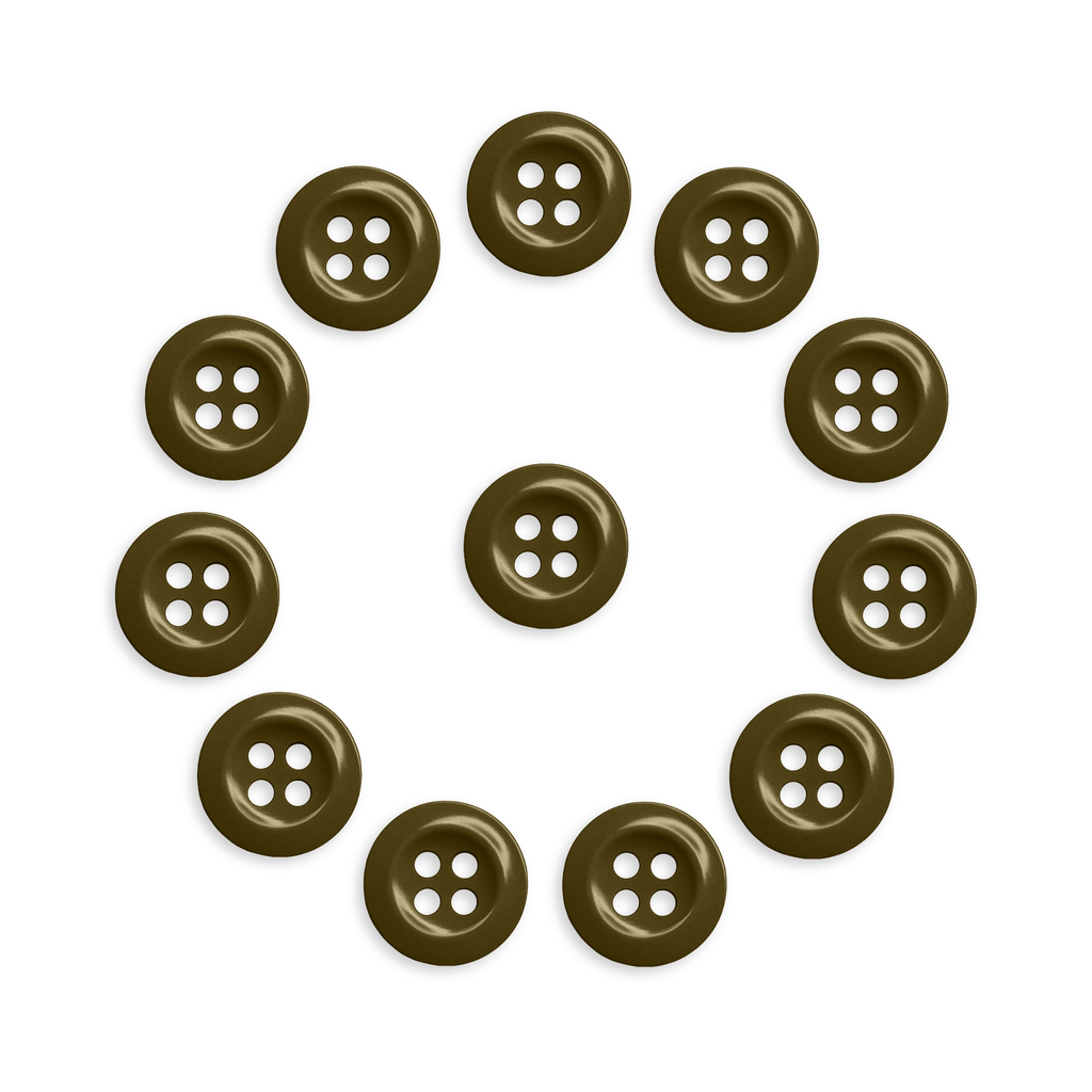Twelve Work Shirt Buttons from the 12 Pack form a circle around one center button, all displayed on a white background.