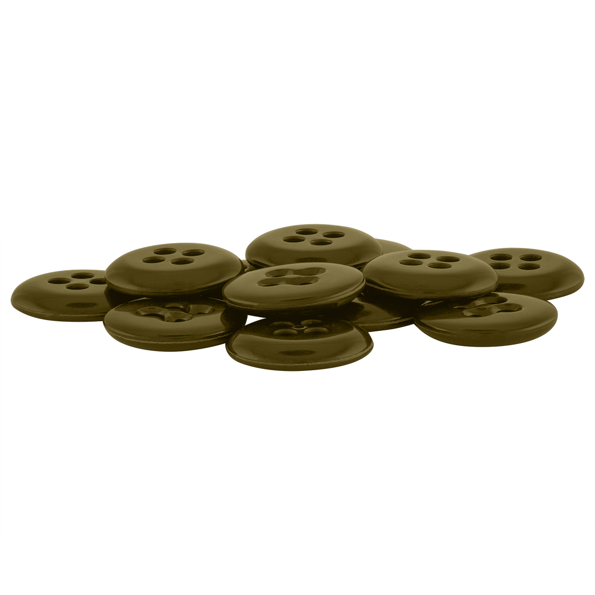 A collection of black Suspender Brace Pant Buttons with four holes is scattered on a white surface.