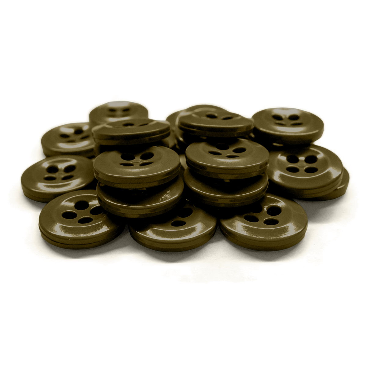 A pile of Work Shirt Buttons in dark olive green, military spec with four holes, displayed on a white background.