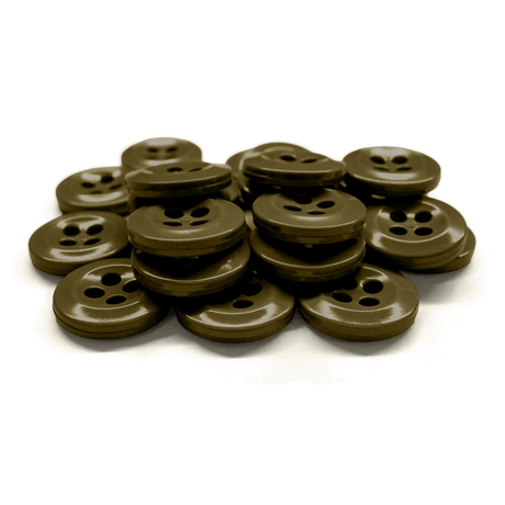 A pile of Work Shirt Buttons in dark olive green, military spec with four holes, displayed on a white background.