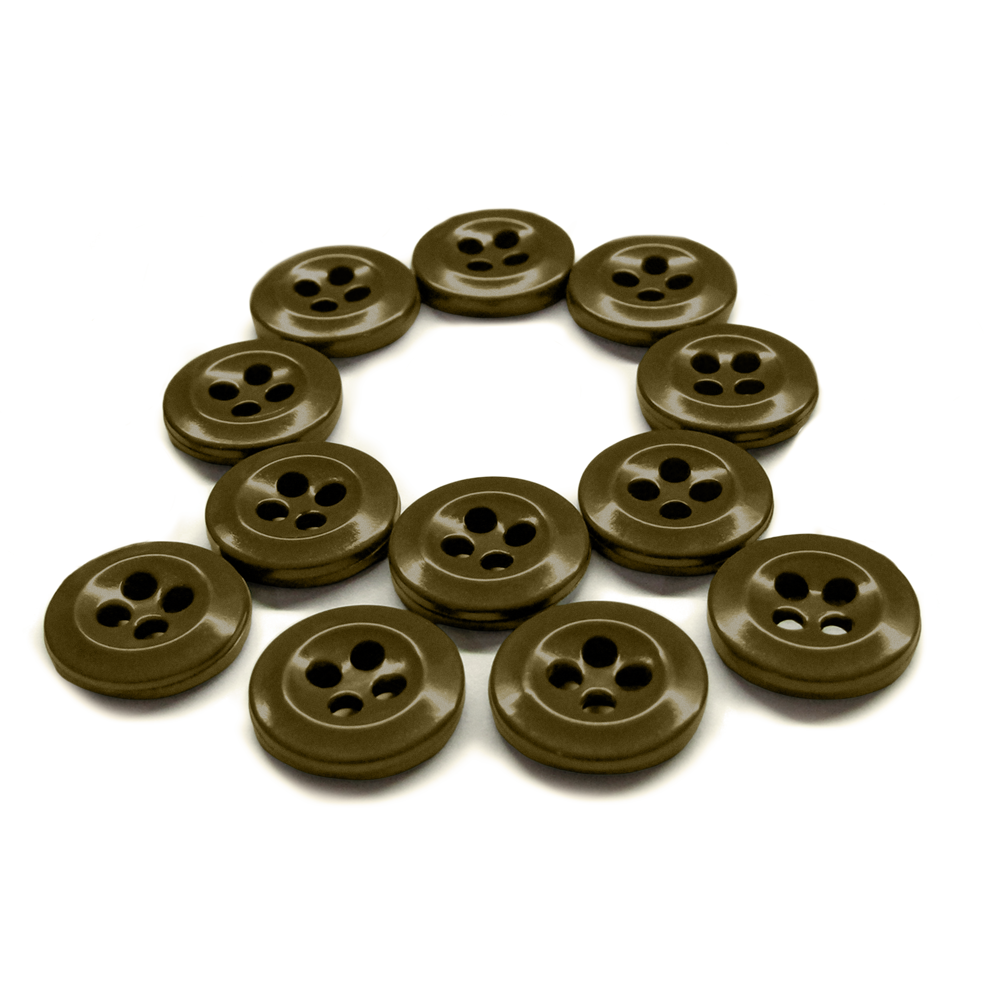 Twelve durable Work Shirt Buttons from the 12 Pack, arranged in the shape of the Greek letter Omega on a white background.