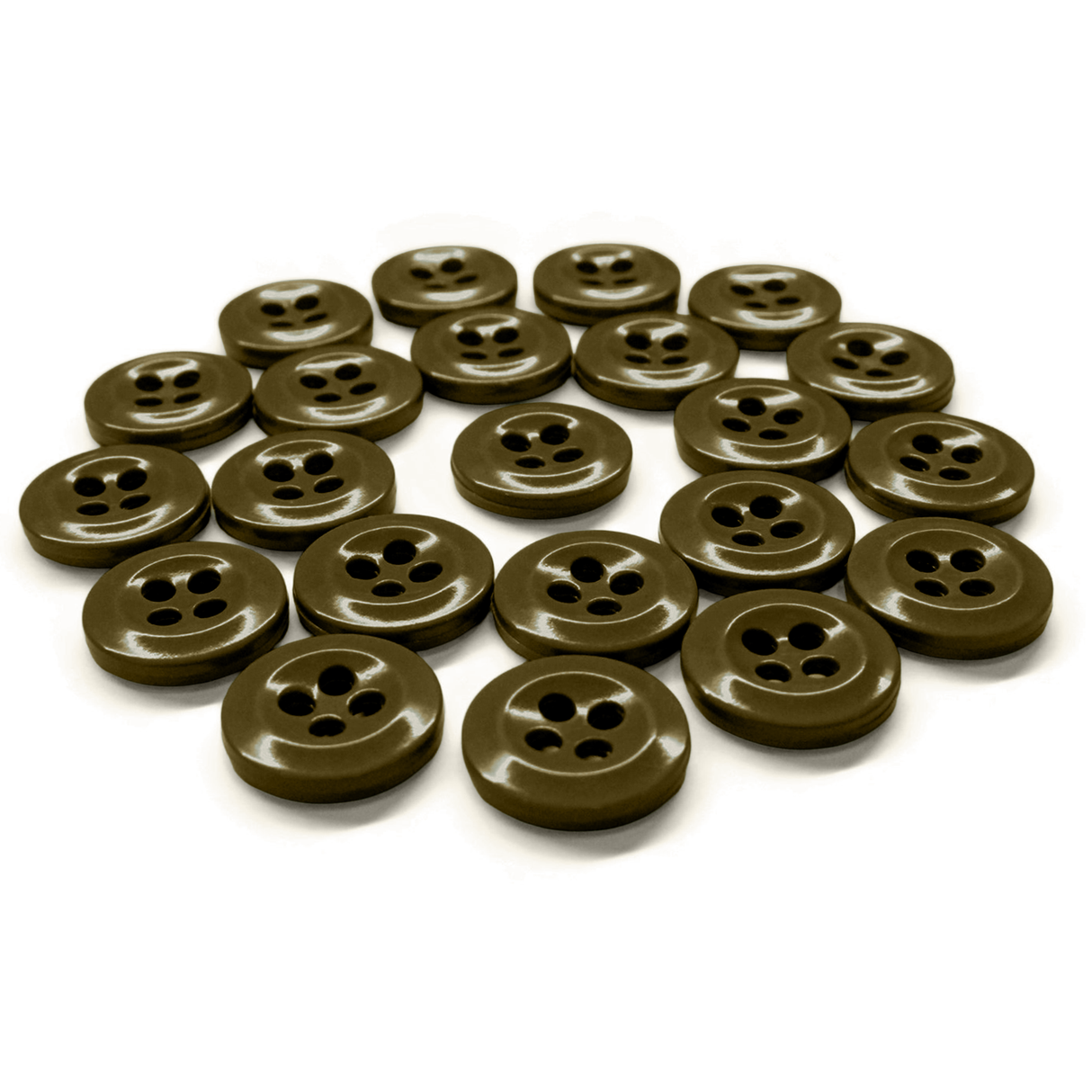 Twenty-one brown Work Shirt Buttons, each with four holes, are arranged in a roughly circular pattern on a white background.