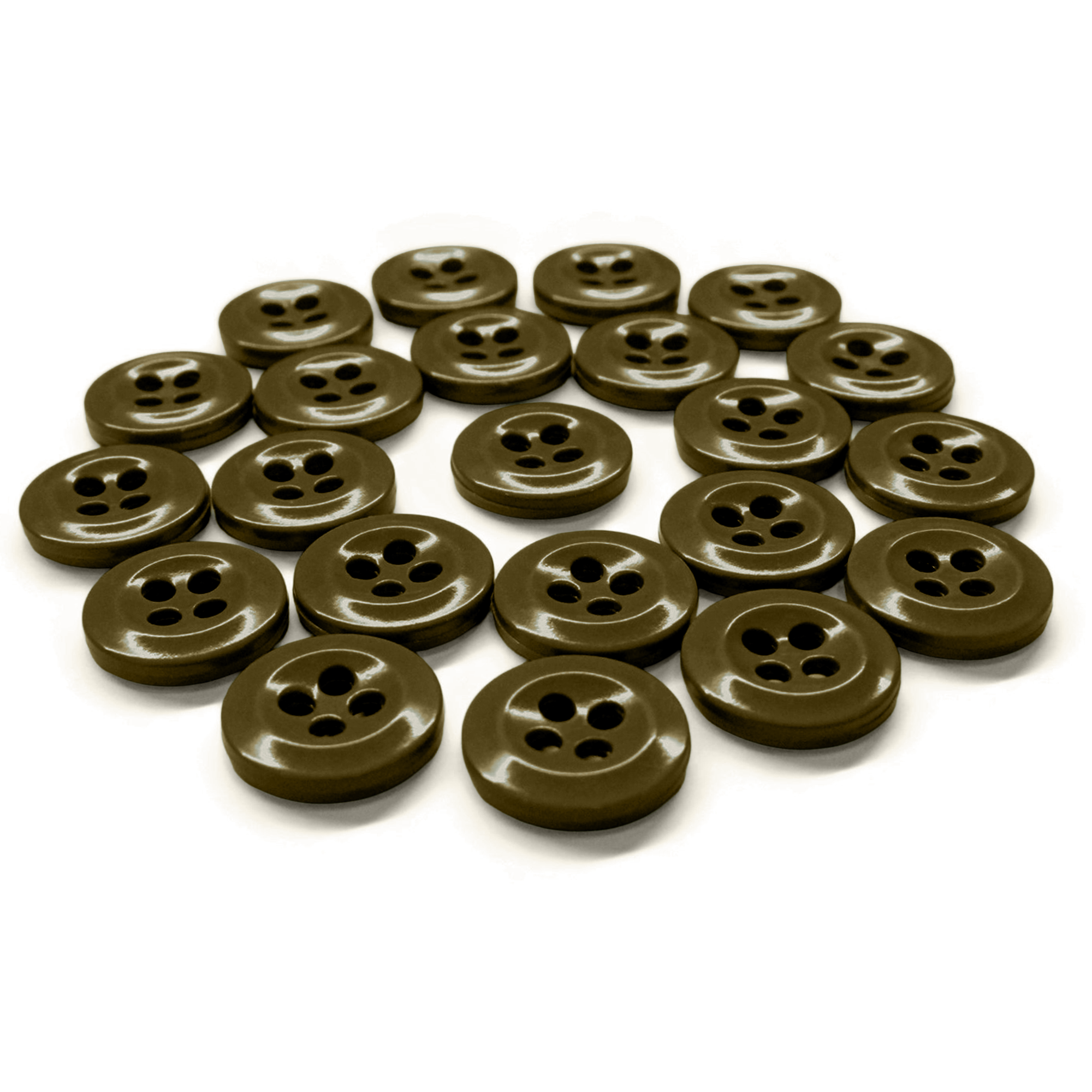 A set of 22 brown, four-hole Work Shirt Buttons (Product Name: Work Shirt Buttons 22 Pack) arranged in a neat arc pattern on a white background.