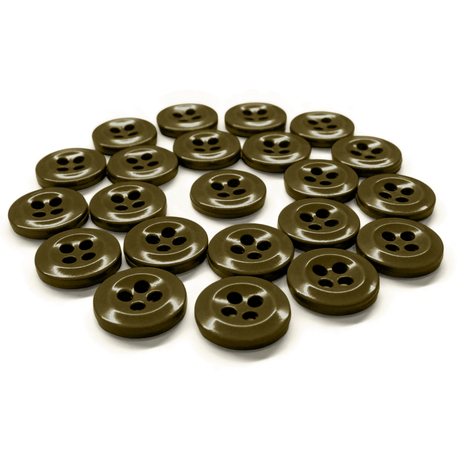 Twenty-one brown Work Shirt Buttons, each with four holes, are arranged in a roughly circular pattern on a white background.