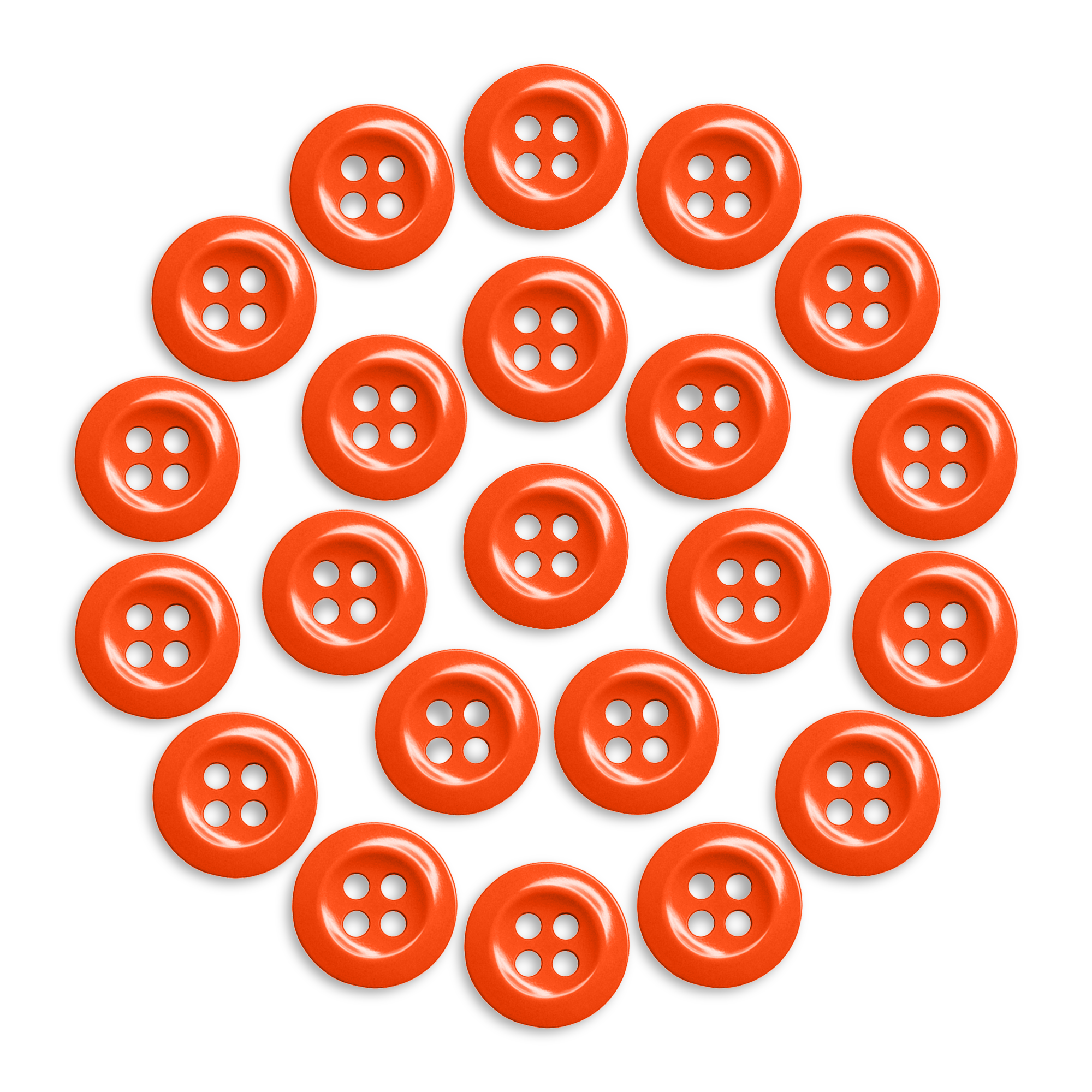 A pack of 22 orange Work Shirt Buttons arranged in a circle on a white background.