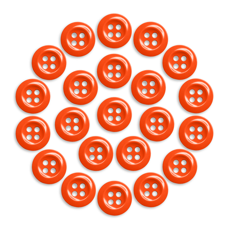 Twenty-one Work Shirt Buttons in orange are arranged in a circular pattern on a white background.