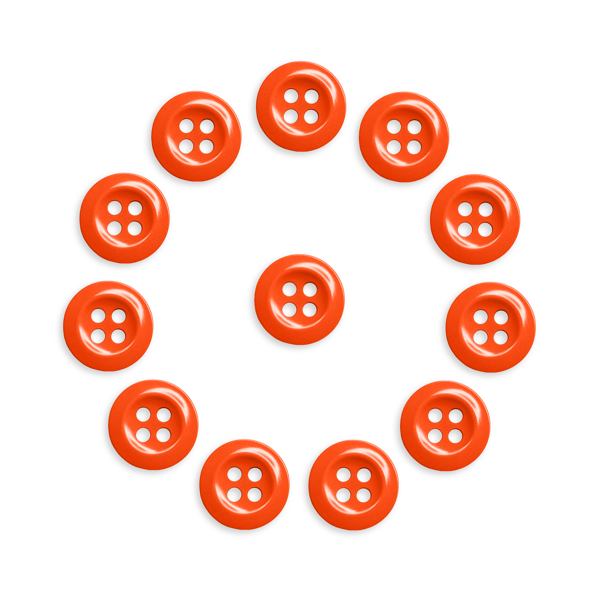Twelve Work Shirt Buttons 12 Pack, orange and durable, are arranged in a circle around one button on a white background.