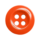 Work Shirt Buttons: A round, red button with four holes photographed on a white background—perfect for replacing missing work shirt buttons.
