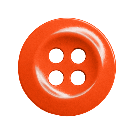 Work Shirt Buttons: A round, red button with four holes photographed on a white background—perfect for replacing missing work shirt buttons.