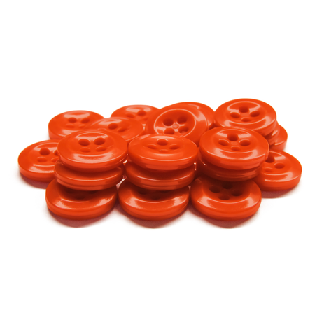 A pile of shiny, round Work Shirt Buttons with four holes in orange, displayed on a white background.