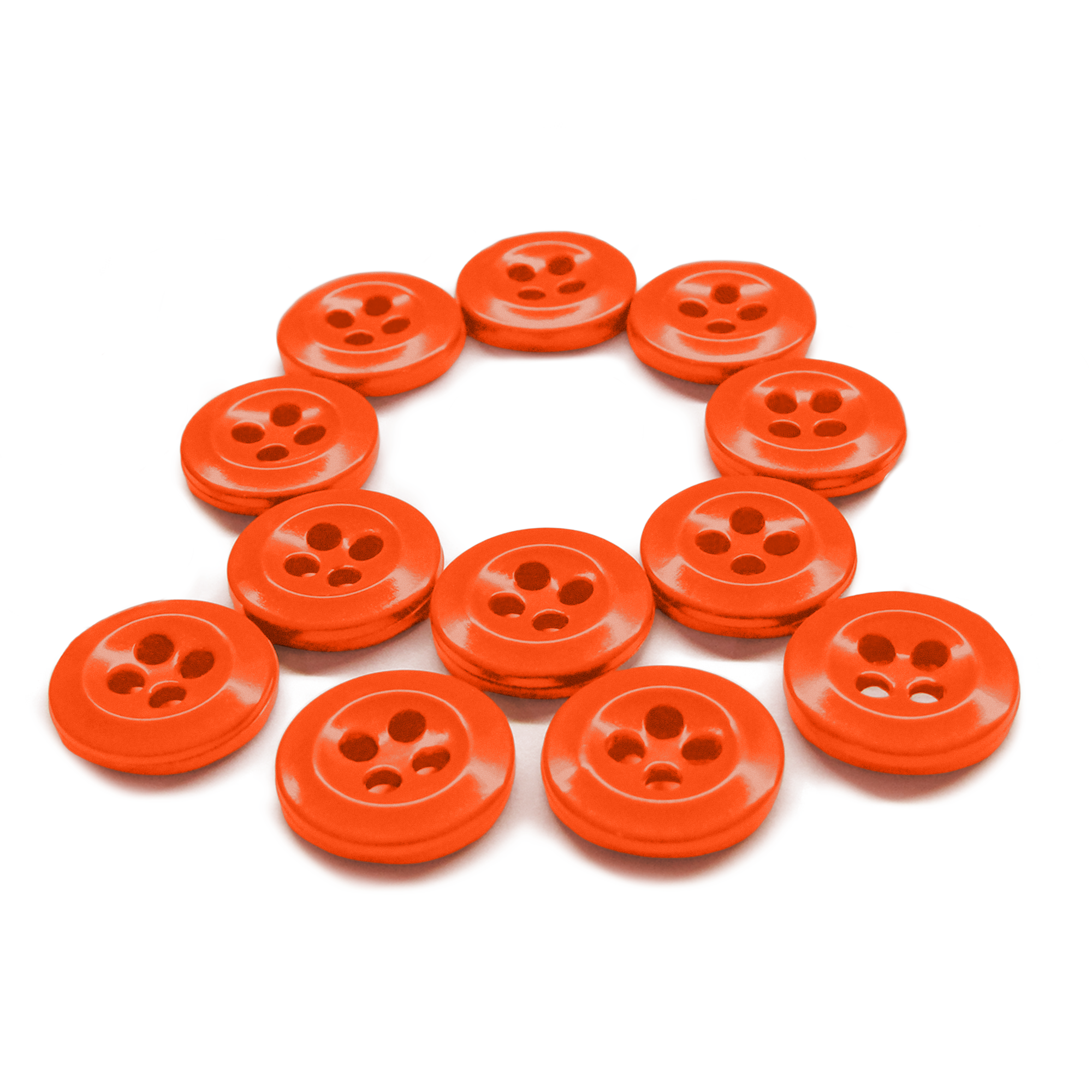 Twelve durable orange Work Shirt Buttons (12 Pack) are arranged in a triangle shape on a white background.