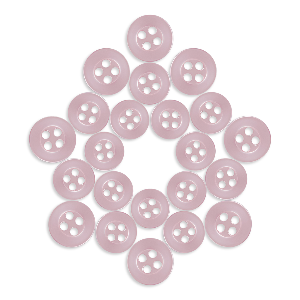 Replacement Shirt Buttons in light pink, known for their durability, are displayed in a symmetrical star pattern on a white background.