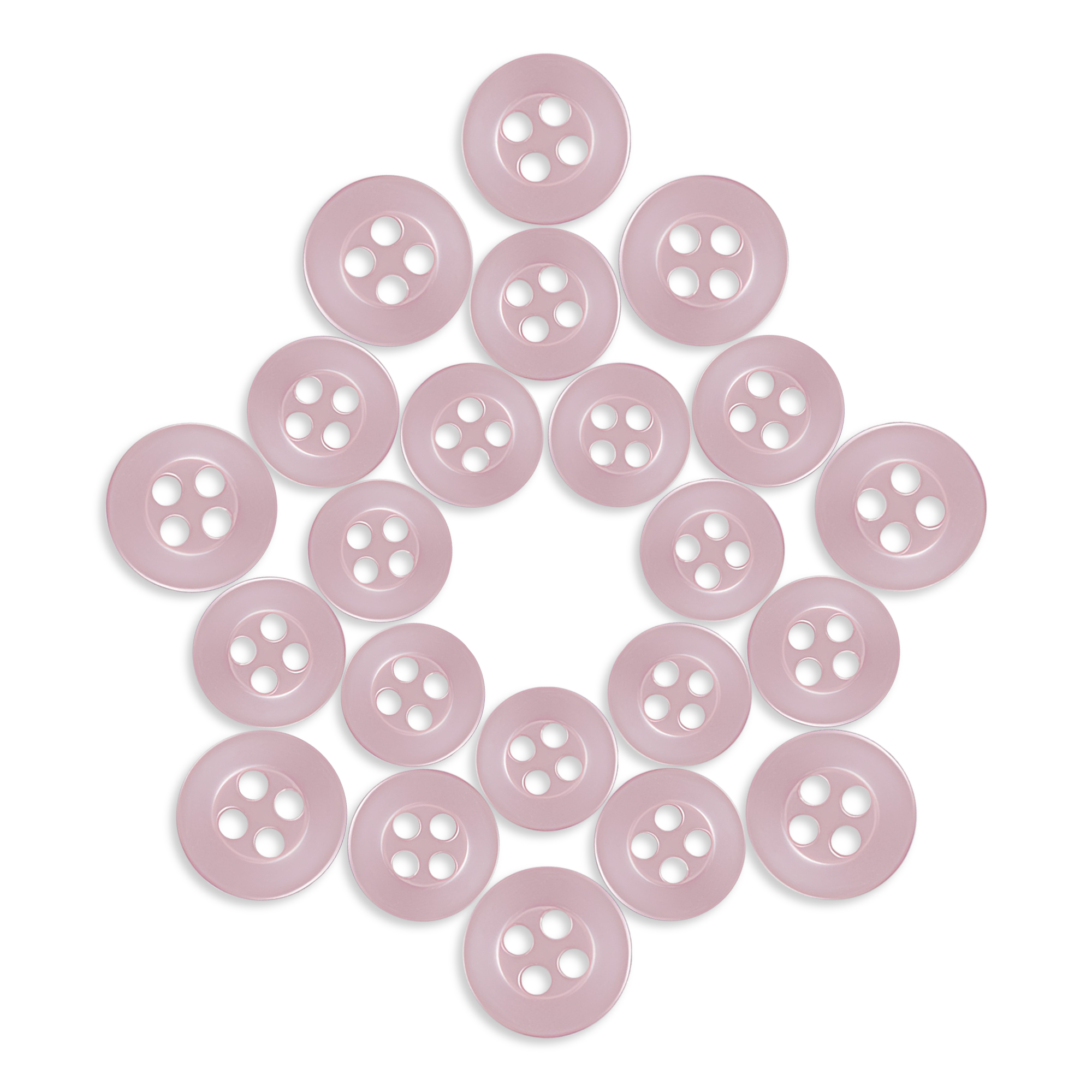 Replacement Shirt Buttons in light pink, known for their durability, are displayed in a symmetrical star pattern on a white background.