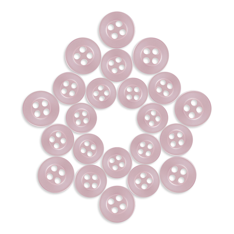 Replacement Shirt Buttons in light pink, known for their durability, are displayed in a symmetrical star pattern on a white background.