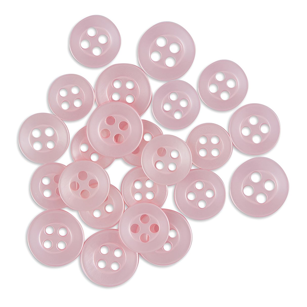 Replacement Shirt Buttons—light pink, durable poly-nylon with four holes—are scattered on a white background, making them ideal additions to any tailor's kit.