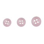 Three Replacement Shirt Buttons in pink poly-nylon, each a different size with a matte finish, are arranged in a row on a white background—ideal for any tailor’s button kit.