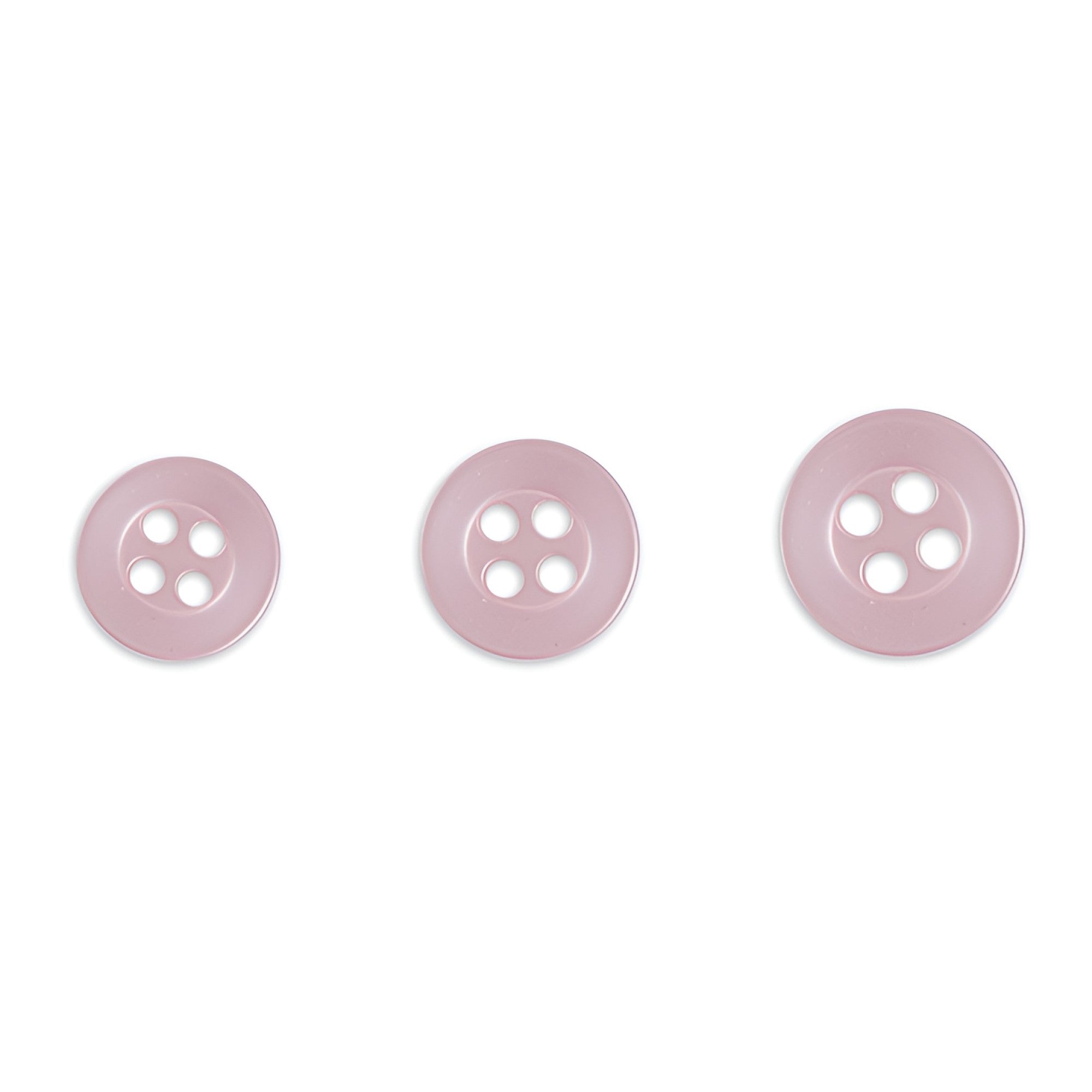 Three Replacement Shirt Buttons in pink poly-nylon, each a different size with a matte finish, are arranged in a row on a white background—ideal for any tailor’s button kit.
