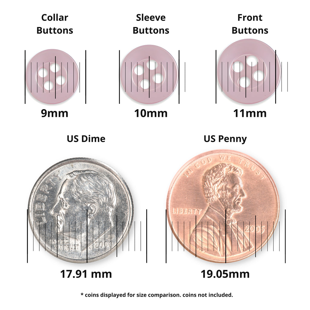 Three matte finish Replacement Shirt Buttons in poly-nylon and two coins for size comparison; measurements in millimeters labeled—perfect addition to any tailor's button kit.